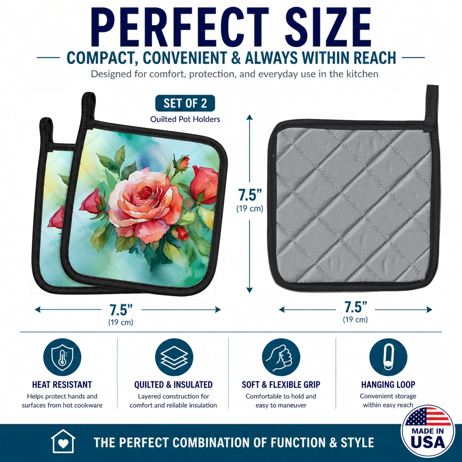 Oklahoma Roses in Watercolor Pot Holder Set of 2 Heat Resistant Quilted Hot Pads 7.5 x 7.5 Inch, Insulated Kitchen Trivets for Cooking & Baking