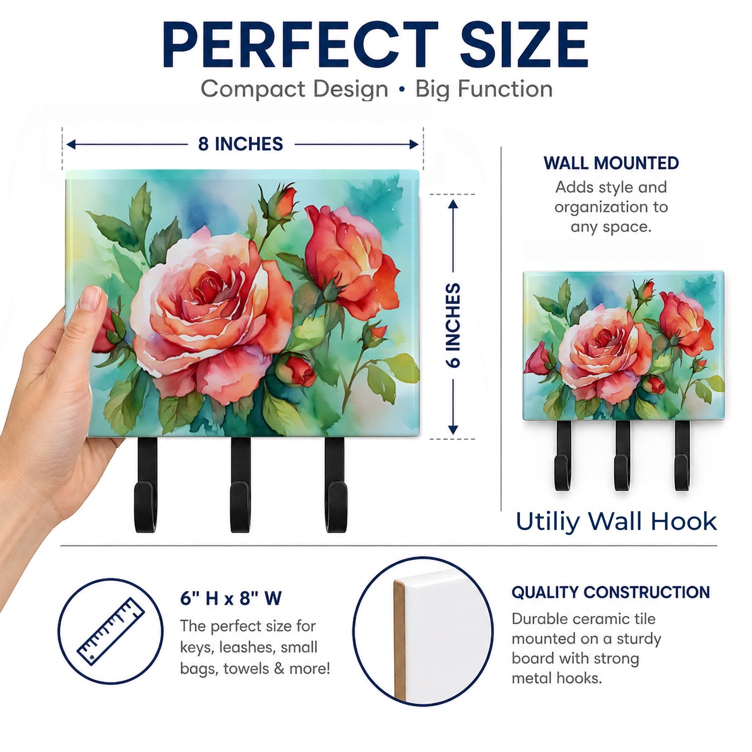 Oklahoma Roses in Watercolor Leash or Key Holder Wall Hooks, Coat Rack Wall Mount, for Hanging Keys, Towels, Aprons, Leashes