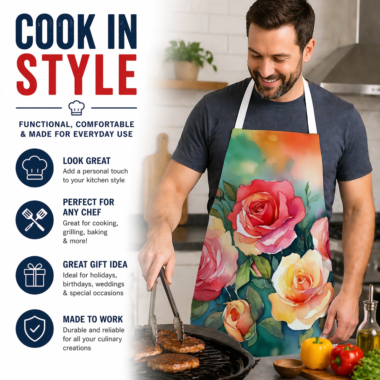 Oklahoma Roses in Watercolor Apron Cooking Kitchen Server Baking Crafts Gardening for Adult Women Men, Unisex, Large, Multicolor