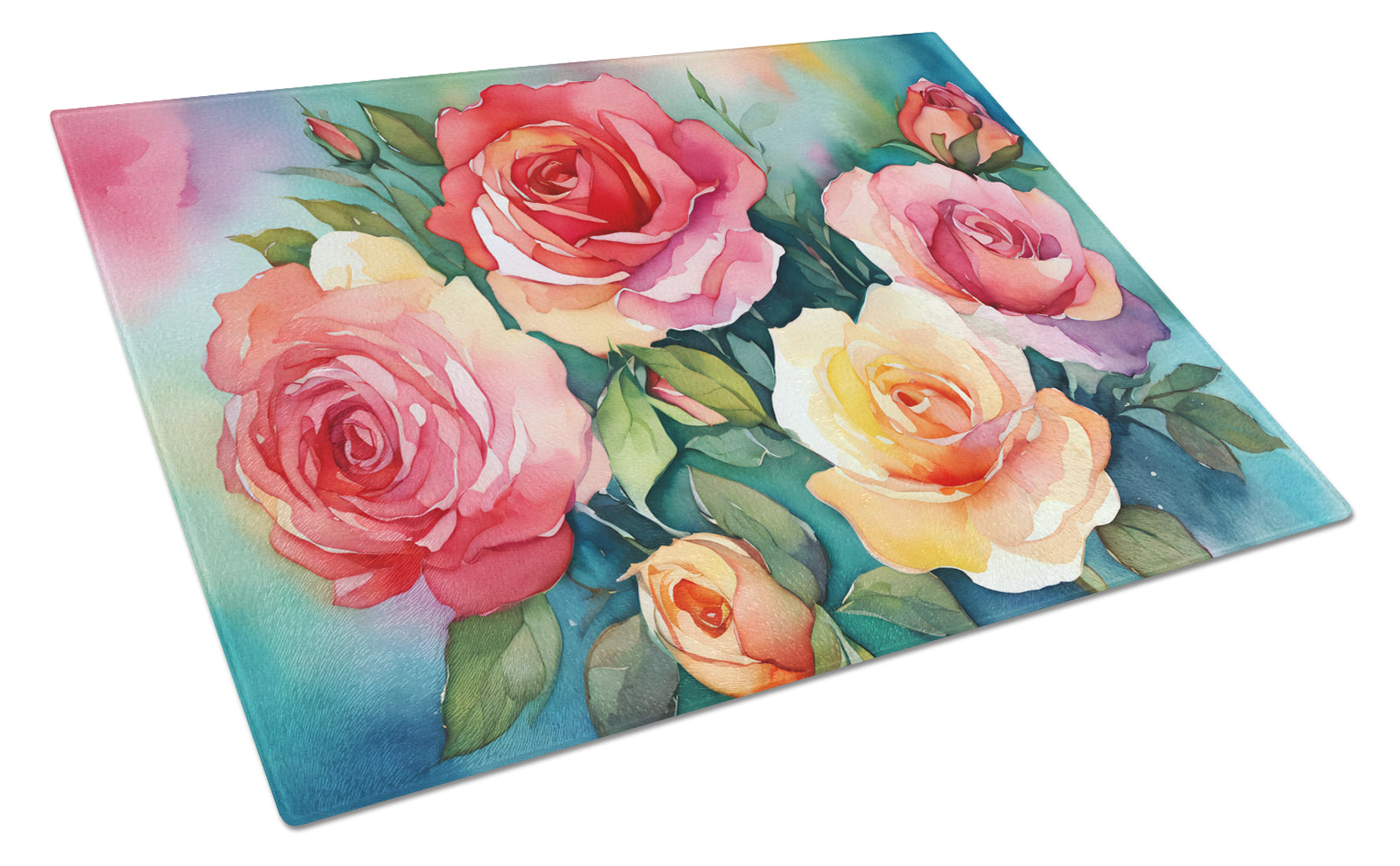 Oklahoma Roses in Watercolor Cutting Board Tempered Glass Kitchen Cutting Surface, Heat Resistant Chopping, Non-Slip Feet, Food Prep & Serving