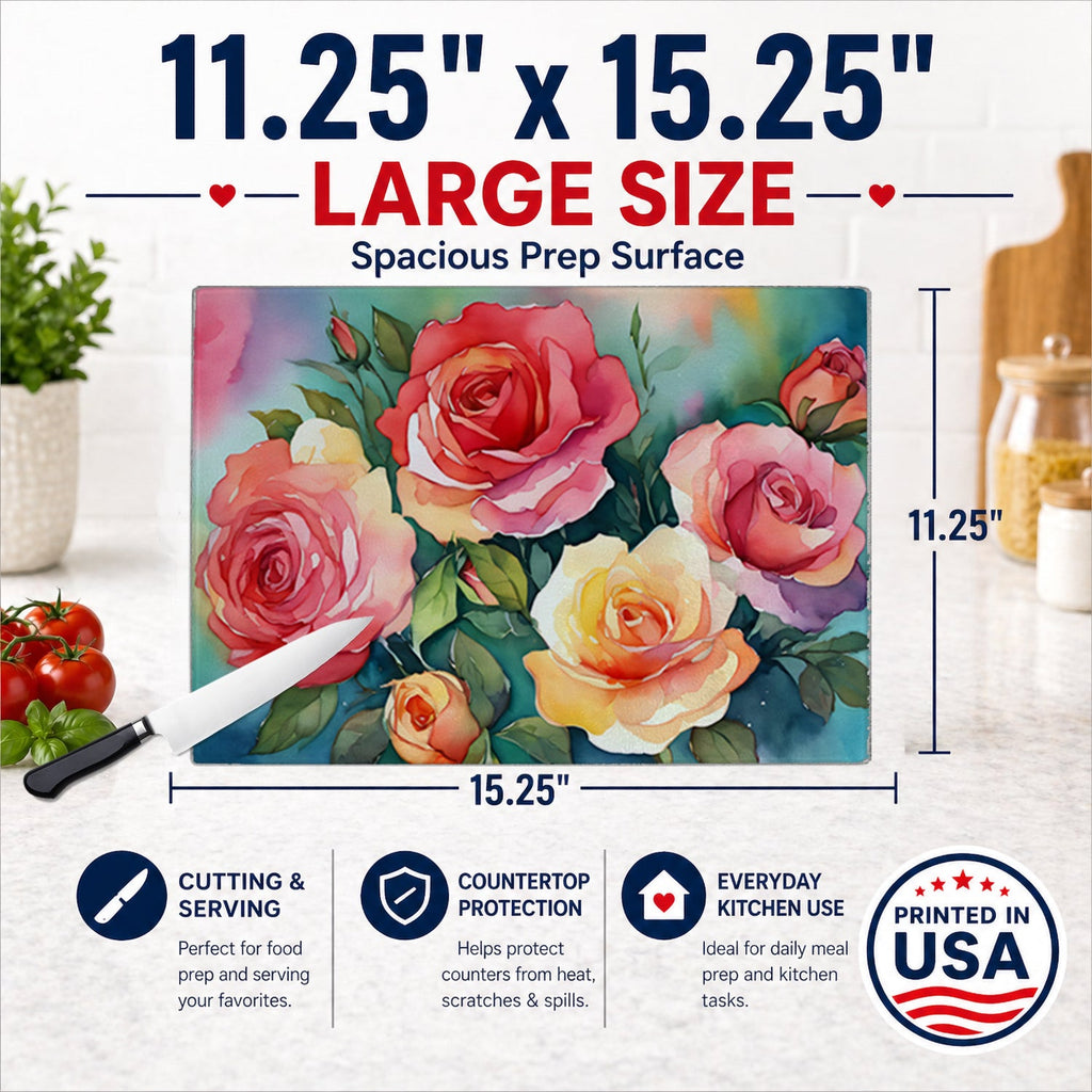Oklahoma Roses in Watercolor Cutting Board Tempered Glass Kitchen Cutting Surface, Heat Resistant Chopping, Non-Slip Feet, Food Prep & Serving