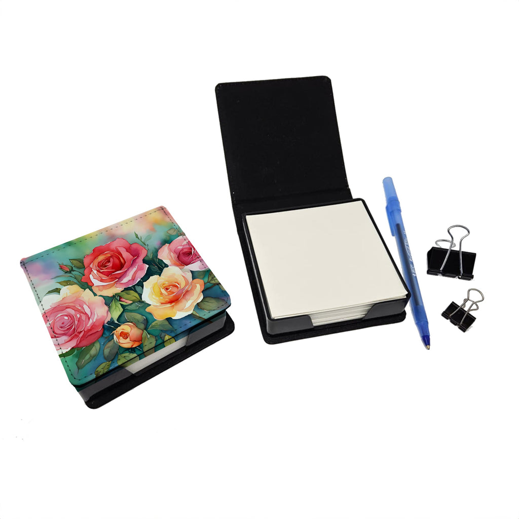 Oklahoma Roses in Watercolor PU Leather Note Paper Holder with Artist-Designed Cover, Desk Accessory, Office Gift