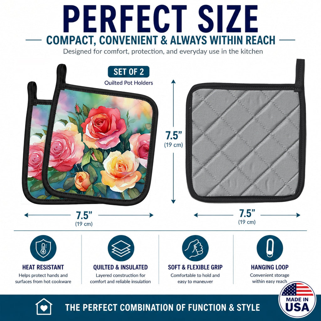 Oklahoma Roses in Watercolor Pot Holder Set of 2 Heat Resistant Quilted Hot Pads 7.5 x 7.5 Inch, Insulated Kitchen Trivets for Cooking & Baking
