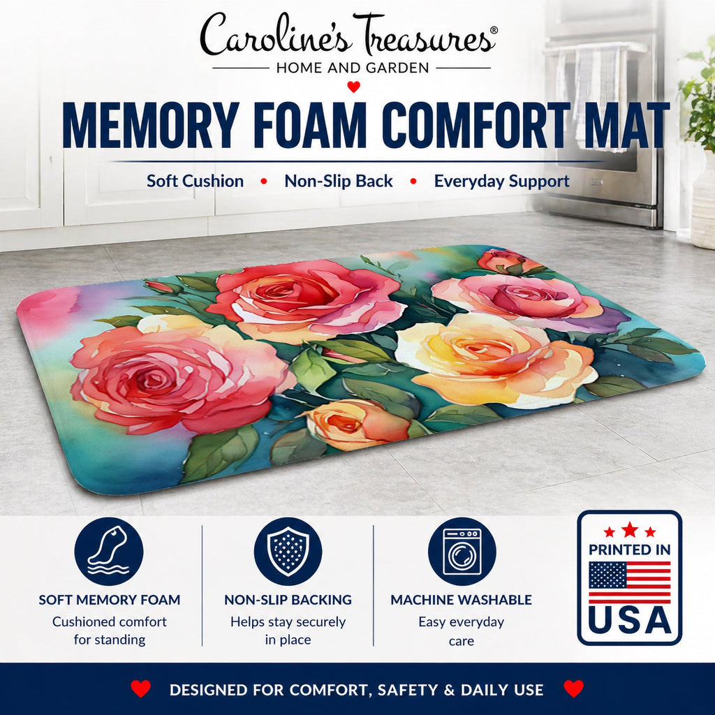 Oklahoma Roses in Watercolor Memory Foam Kitchen Mat Machine Washable Anti-Fatigue Cushion Comfort Bath or Kitchen Rug