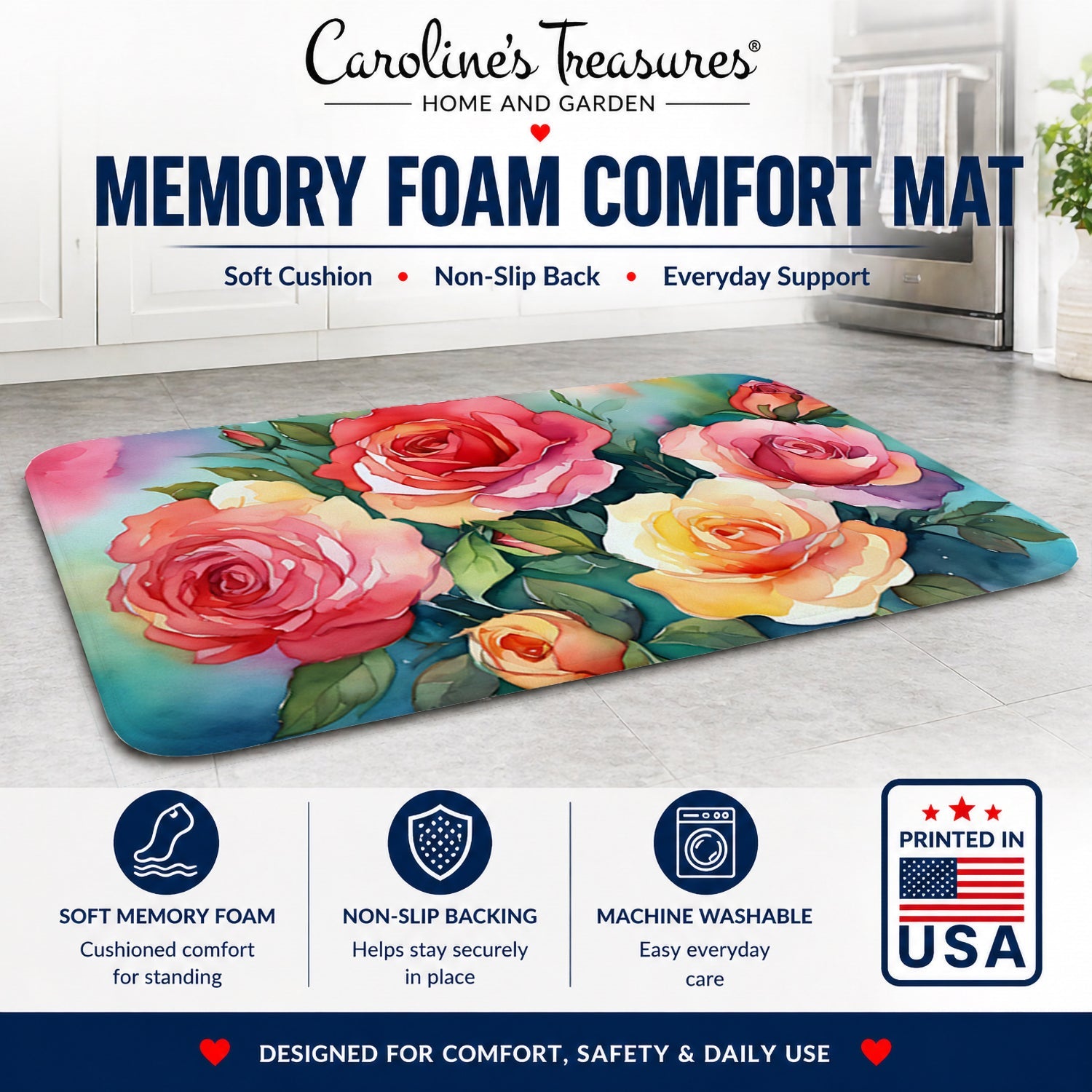 Oklahoma Roses in Watercolor Memory Foam Kitchen Mat Machine Washable Anti-Fatigue Cushion Comfort Bath or Kitchen Rug