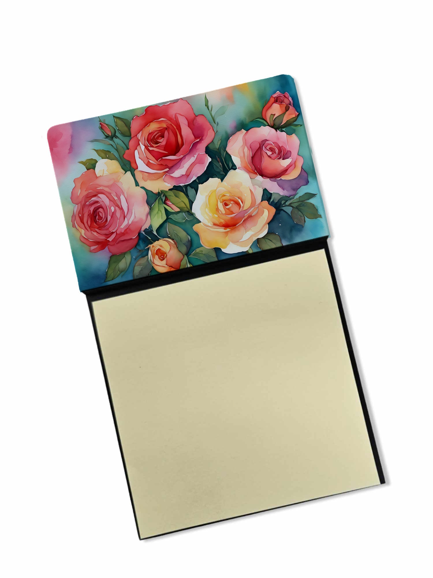 Oklahoma Roses in Watercolor Watercolor Sticky Note Holder Refillable Dispenser Desk Accessory 3x3 Pad Gift