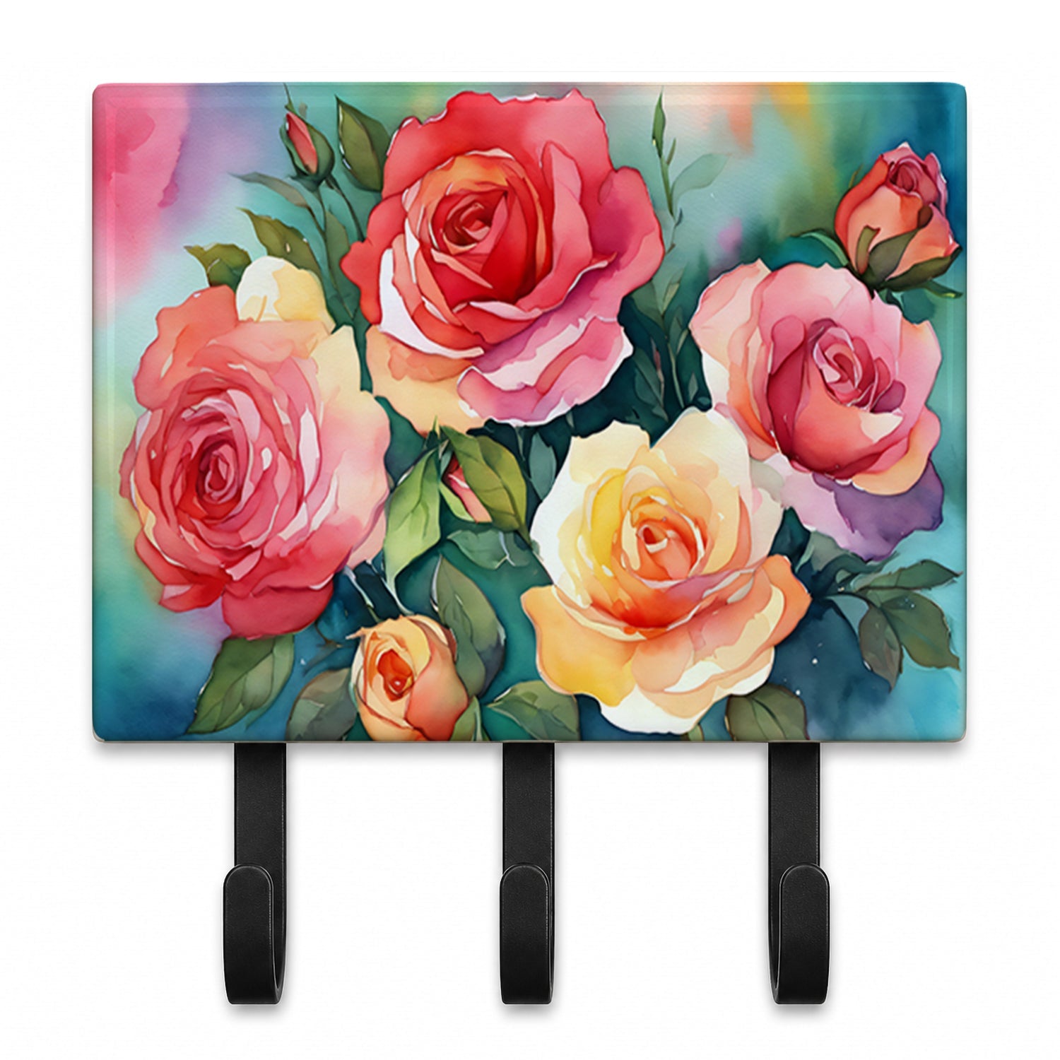Oklahoma Roses in Watercolor Leash or Key Holder Wall Hooks, Coat Rack Wall Mount, for Hanging Keys, Towels, Aprons, Leashes