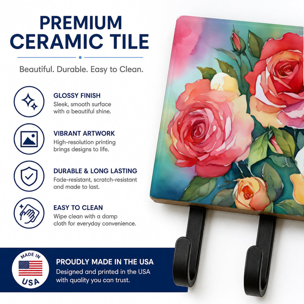 Oklahoma Roses in Watercolor Leash or Key Holder Wall Hooks, Coat Rack Wall Mount, for Hanging Keys, Towels, Aprons, Leashes