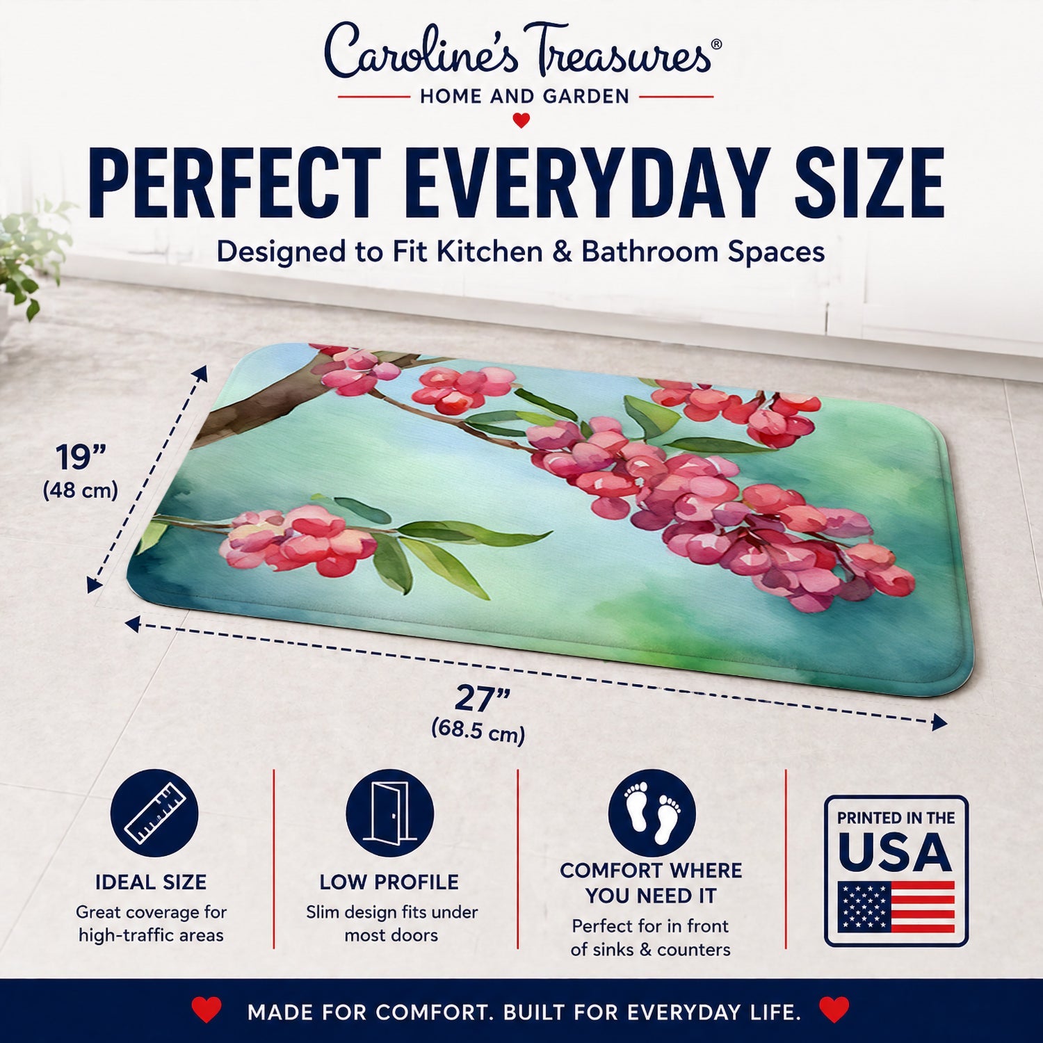Pennsylvania Mountain Laurels in Watercolor Memory Foam Kitchen Mat Machine Washable Anti-Fatigue Cushion Comfort Bath or Kitchen Rug