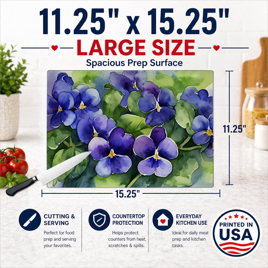 Rhode Island Violets in Watercolor Cutting Board Tempered Glass Kitchen Cutting Surface, Heat Resistant Chopping, Non-Slip Feet, Food Prep & Serving