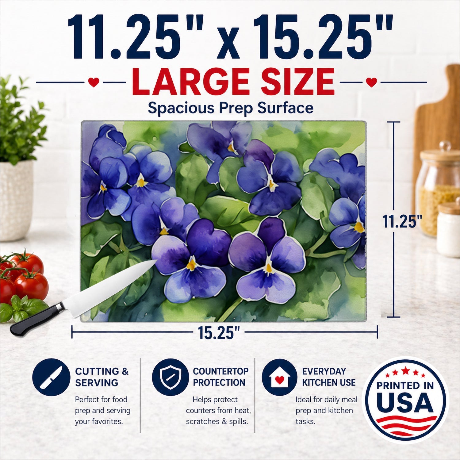 Rhode Island Violets in Watercolor Cutting Board Tempered Glass Kitchen Cutting Surface, Heat Resistant Chopping, Non-Slip Feet, Food Prep & Serving