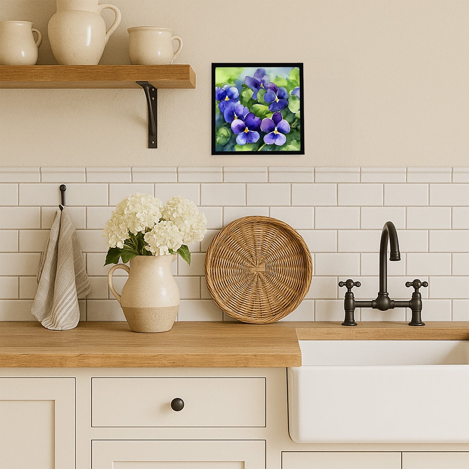 Rhode Island Violets in Watercolor Framed Metal Print Bathroom, Kitchen, Office, Home Decor Wall Art Ready to Hang, Square, 8X8