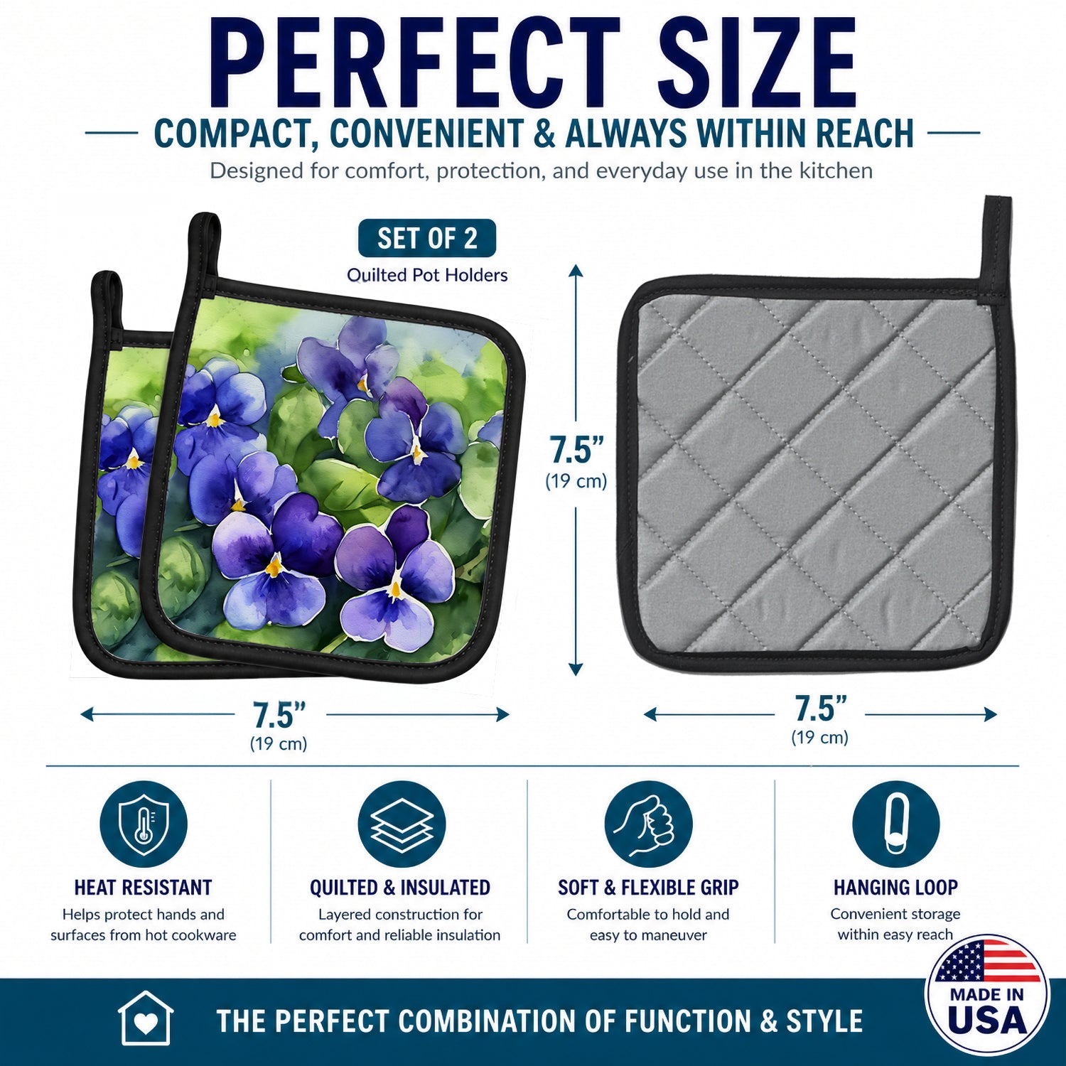 Rhode Island Violets in Watercolor Pot Holder Set of 2 Heat Resistant Quilted Hot Pads 7.5 x 7.5 Inch, Insulated Kitchen Trivets for Cooking & Baking