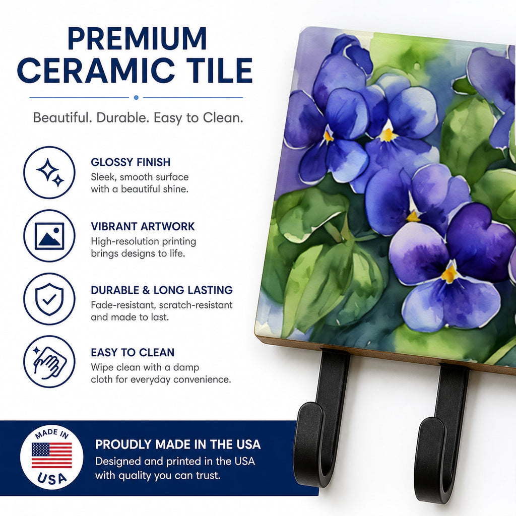Rhode Island Violets in Watercolor Leash or Key Holder Wall Hooks, Coat Rack Wall Mount, for Hanging Keys, Towels, Aprons, Leashes