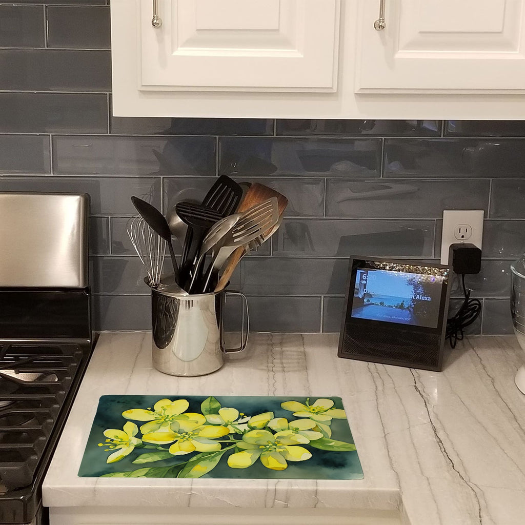 South Carolina Yellow Jessamine in Watercolor Cutting Board Tempered Glass Kitchen Cutting Surface, Heat Resistant Chopping, Non-Slip Feet, Food Prep & Serving