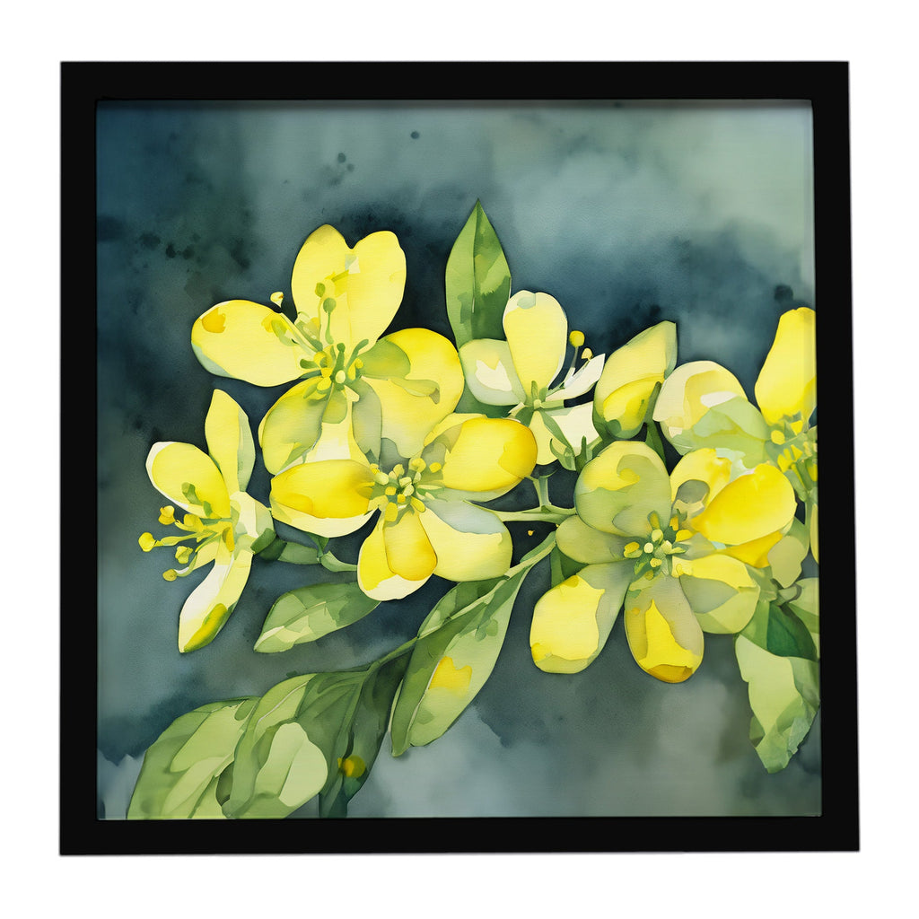 South Carolina Yellow Jessamine in Watercolor Framed Metal Print Bathroom, Kitchen, Office, Home Decor Wall Art Ready to Hang, Square, 8X8