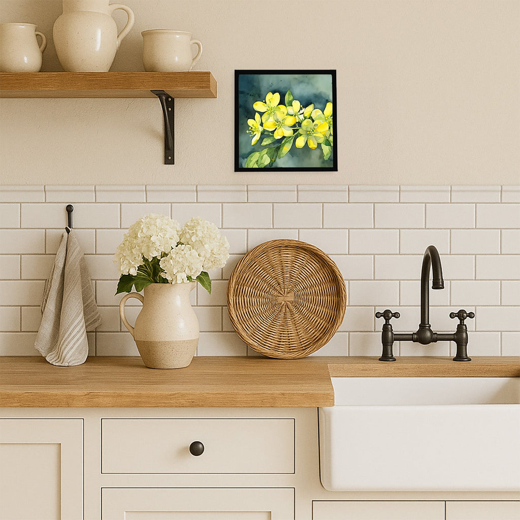 South Carolina Yellow Jessamine in Watercolor Framed Metal Print Bathroom, Kitchen, Office, Home Decor Wall Art Ready to Hang, Square, 8X8