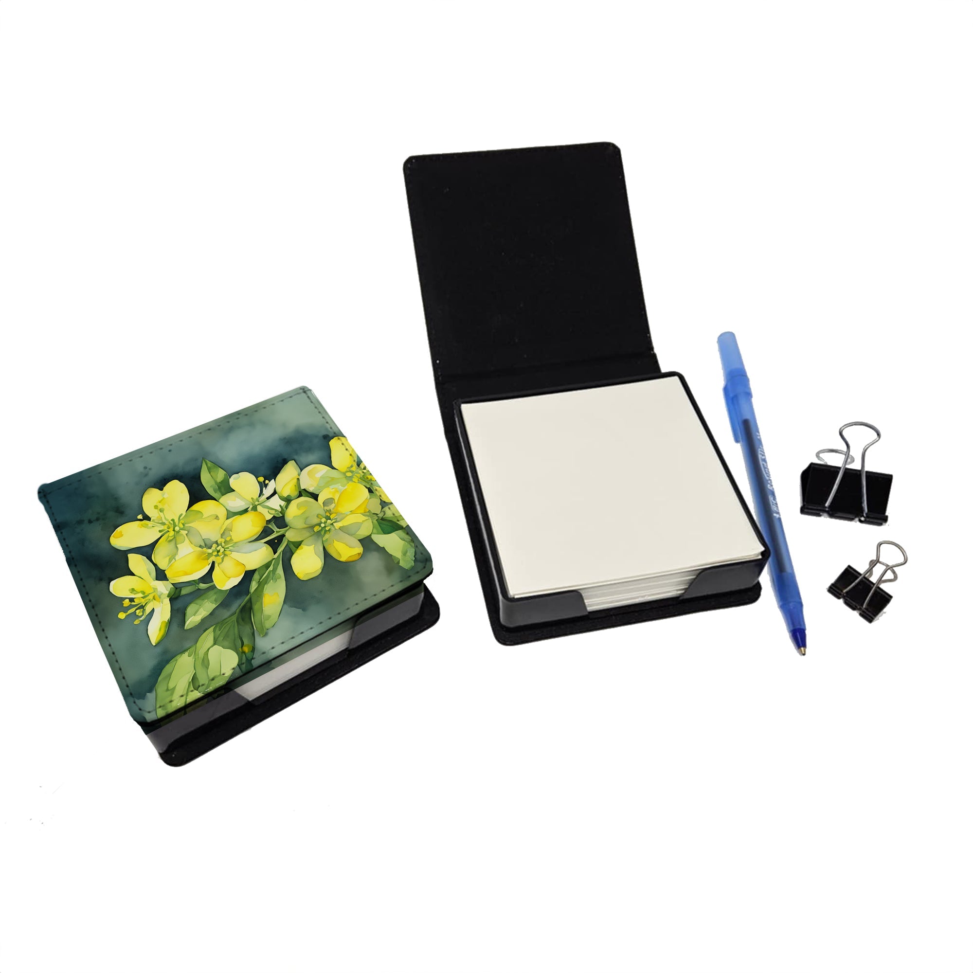 South Carolina Yellow Jessamine in Watercolor PU Leather Note Paper Holder with Artist-Designed Cover, Desk Accessory, Office Gift