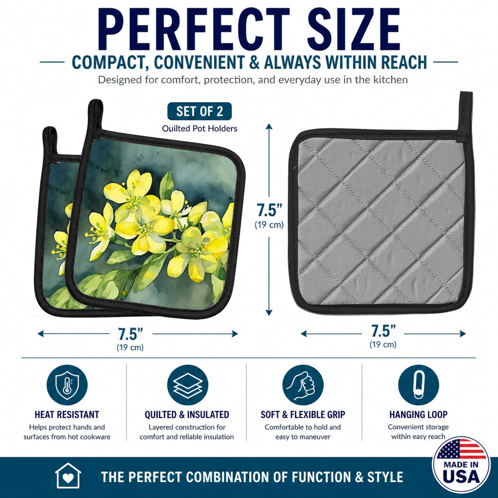 South Carolina Yellow Jessamine in Watercolor Pot Holder Set of 2 Heat Resistant Quilted Hot Pads 7.5 x 7.5 Inch, Insulated Kitchen Trivets for Cooking & Baking