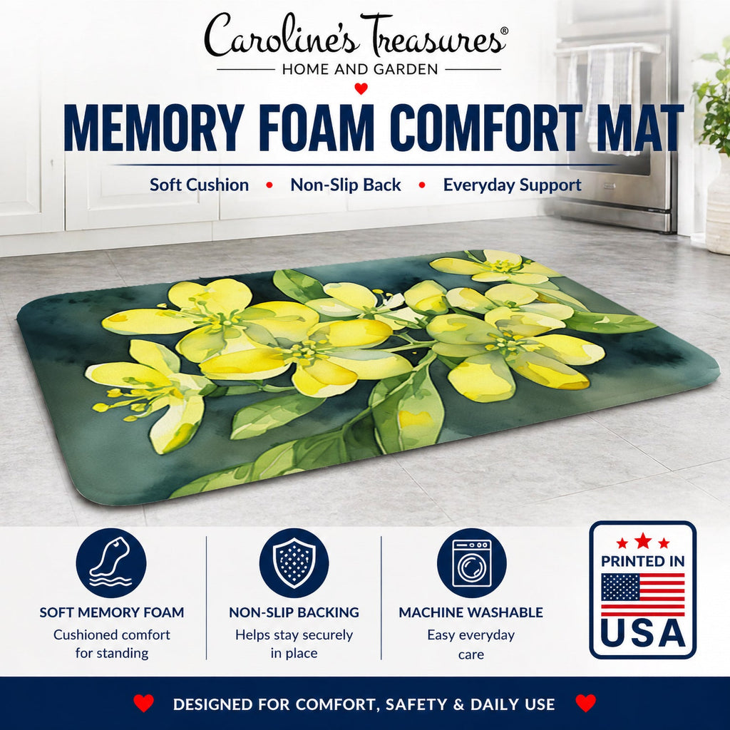 South Carolina Yellow Jessamine in Watercolor Memory Foam Kitchen Mat Machine Washable Anti-Fatigue Cushion Comfort Bath or Kitchen Rug