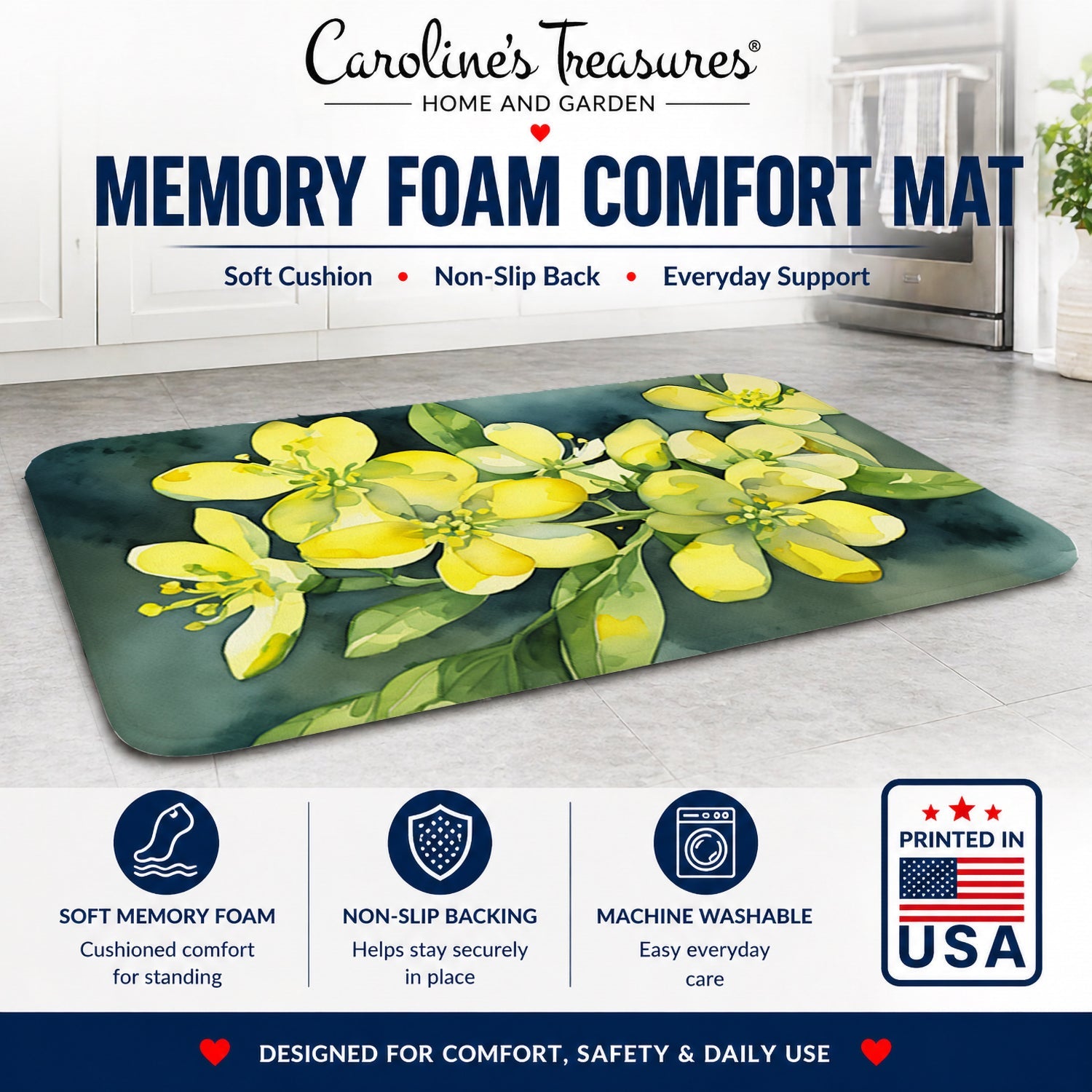 South Carolina Yellow Jessamine in Watercolor Memory Foam Kitchen Mat Machine Washable Anti-Fatigue Cushion Comfort Bath or Kitchen Rug