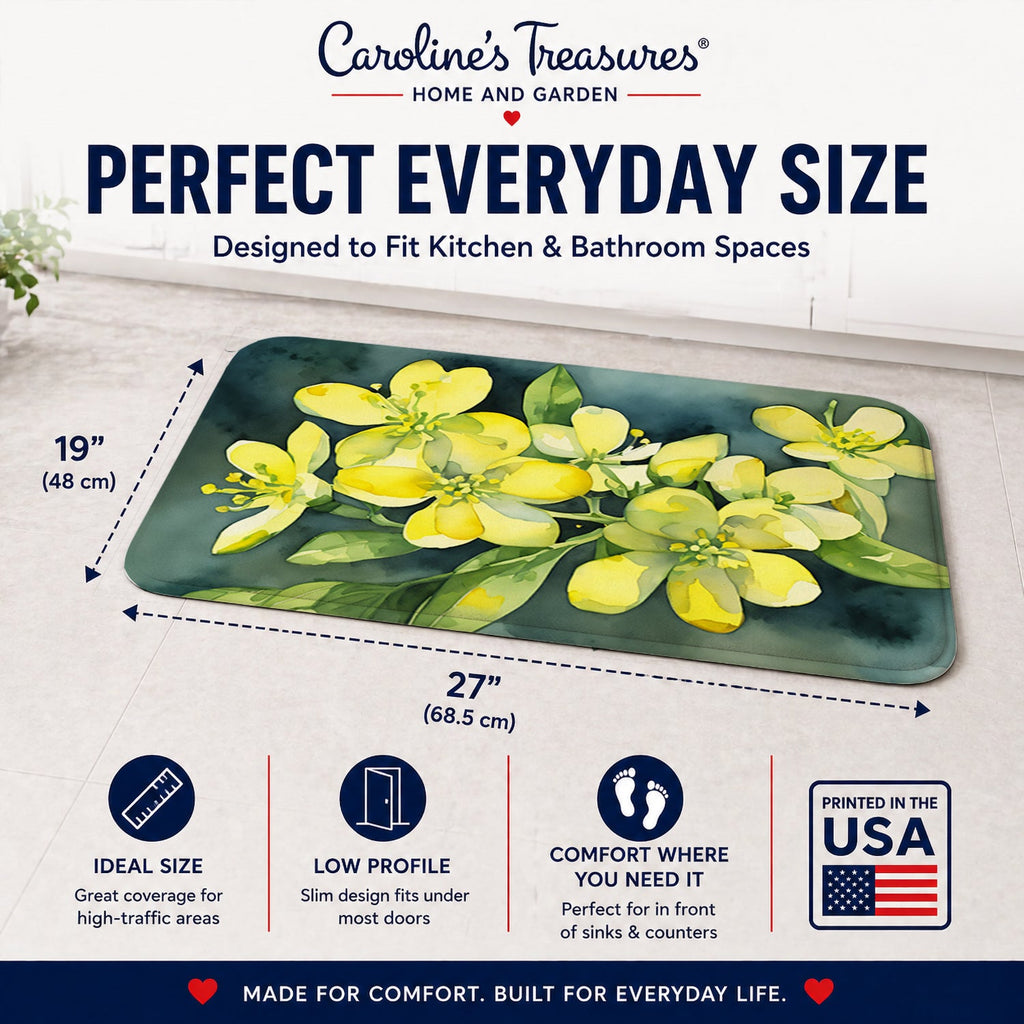 South Carolina Yellow Jessamine in Watercolor Memory Foam Kitchen Mat Machine Washable Anti-Fatigue Cushion Comfort Bath or Kitchen Rug
