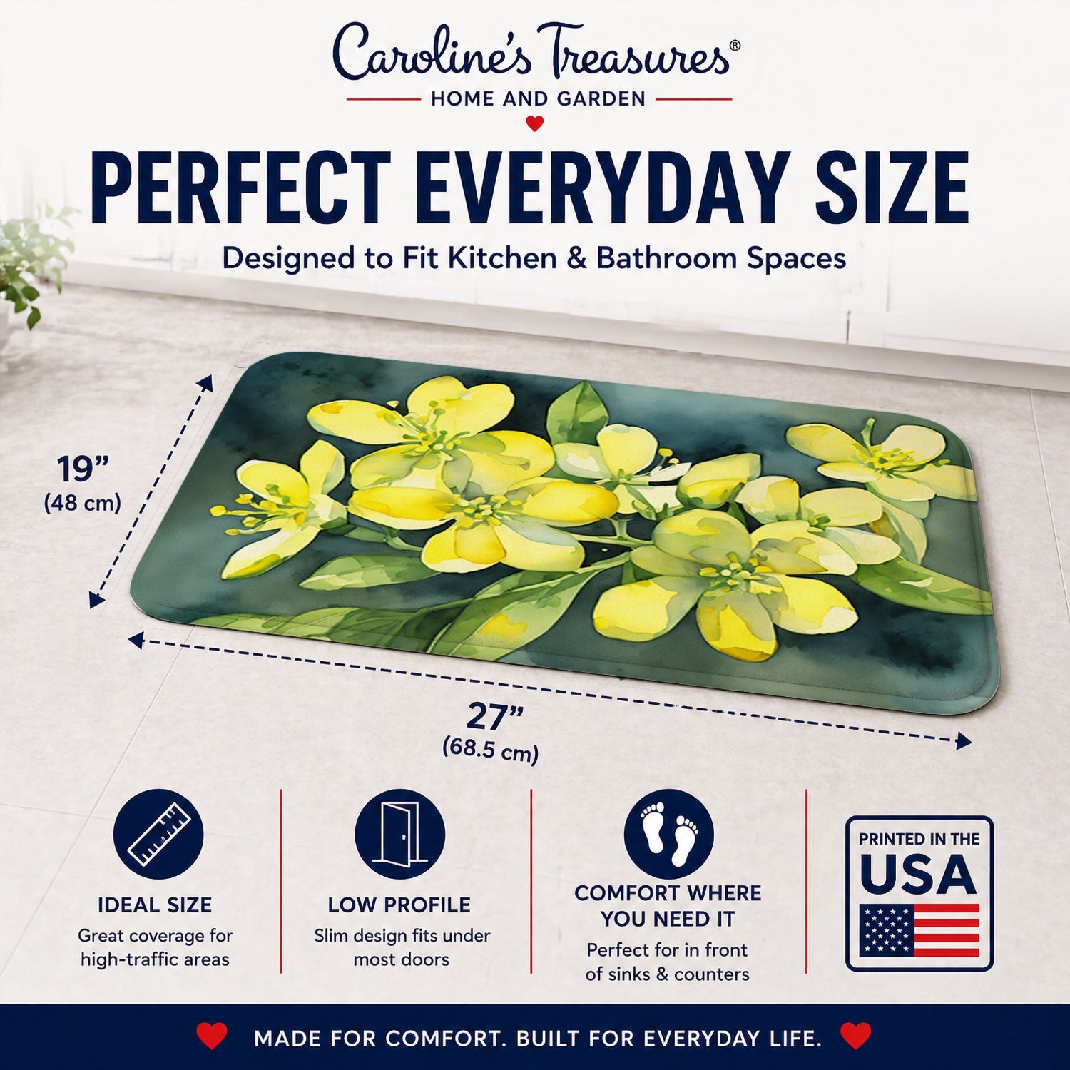 South Carolina Yellow Jessamine in Watercolor Memory Foam Kitchen Mat Machine Washable Anti-Fatigue Cushion Comfort Bath or Kitchen Rug