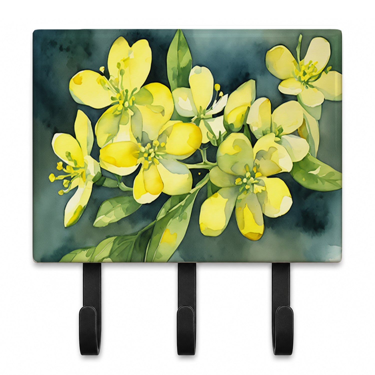 South Carolina Yellow Jessamine in Watercolor Leash or Key Holder Wall Hooks, Coat Rack Wall Mount, for Hanging Keys, Towels, Aprons, Leashes