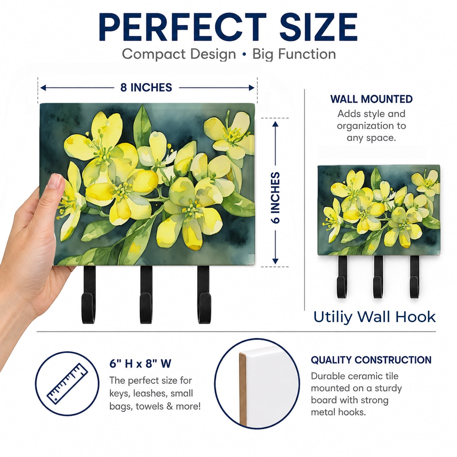 South Carolina Yellow Jessamine in Watercolor Leash or Key Holder Wall Hooks, Coat Rack Wall Mount, for Hanging Keys, Towels, Aprons, Leashes