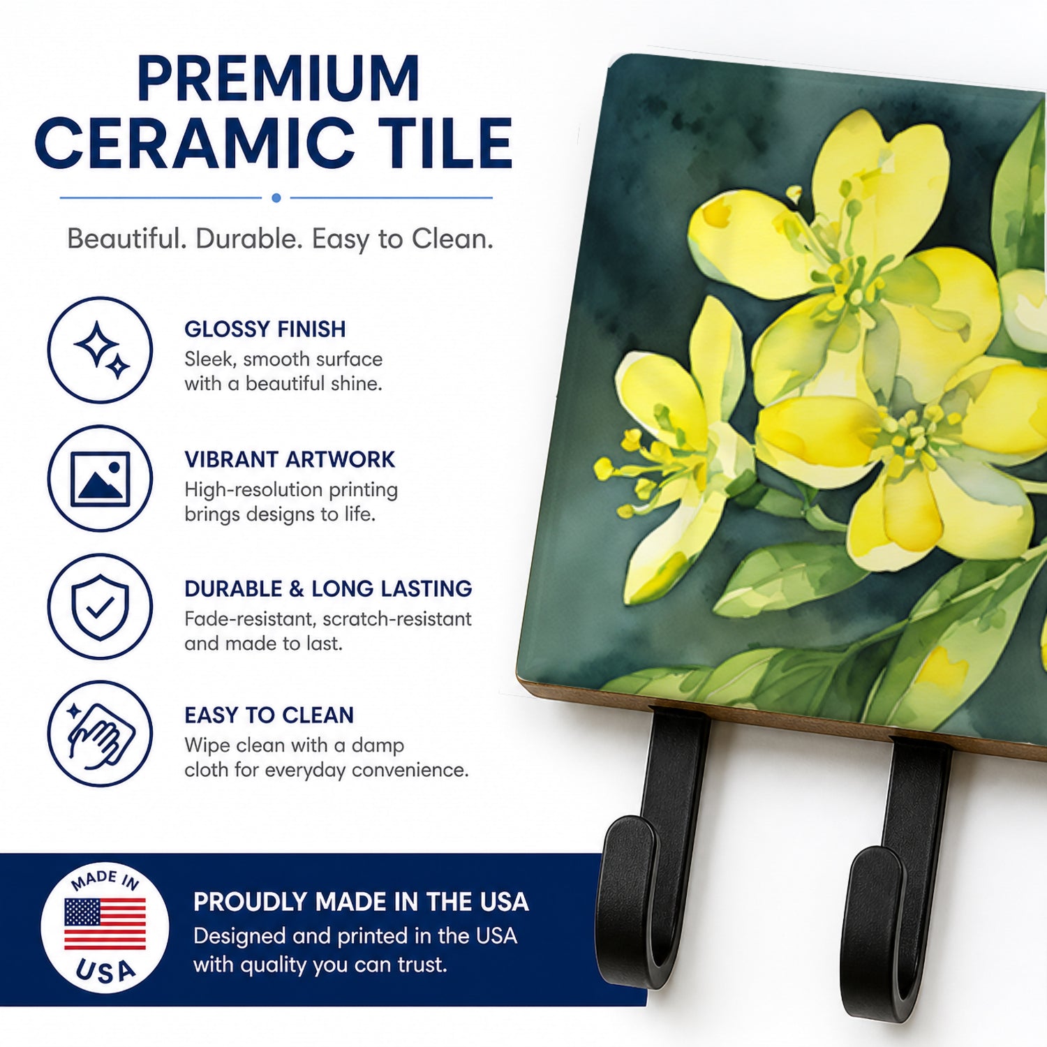 South Carolina Yellow Jessamine in Watercolor Leash or Key Holder Wall Hooks, Coat Rack Wall Mount, for Hanging Keys, Towels, Aprons, Leashes