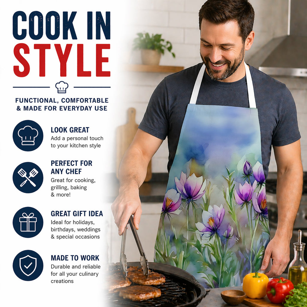 South Dakota Pasque Flowers in Watercolor Apron Cooking Kitchen Server Baking Crafts Gardening for Adult Women Men, Unisex, Large, Multicolor