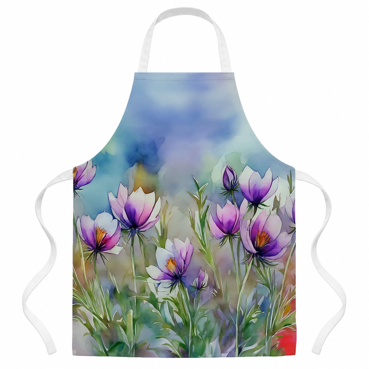 South Dakota Pasque Flowers in Watercolor Apron Cooking Kitchen Server Baking Crafts Gardening for Adult Women Men, Unisex, Large, Multicolor
