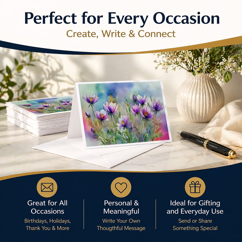 South Dakota Pasque Flowers in Watercolor Greeting Cards Pack of 8 Blank Cards with Envelopes Whimsical A7 Size 5x7