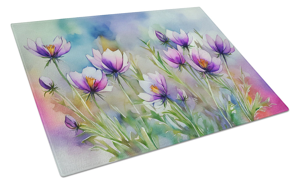 South Dakota Pasque Flowers in Watercolor Cutting Board Tempered Glass Kitchen Cutting Surface, Heat Resistant Chopping, Non-Slip Feet, Food Prep & Serving