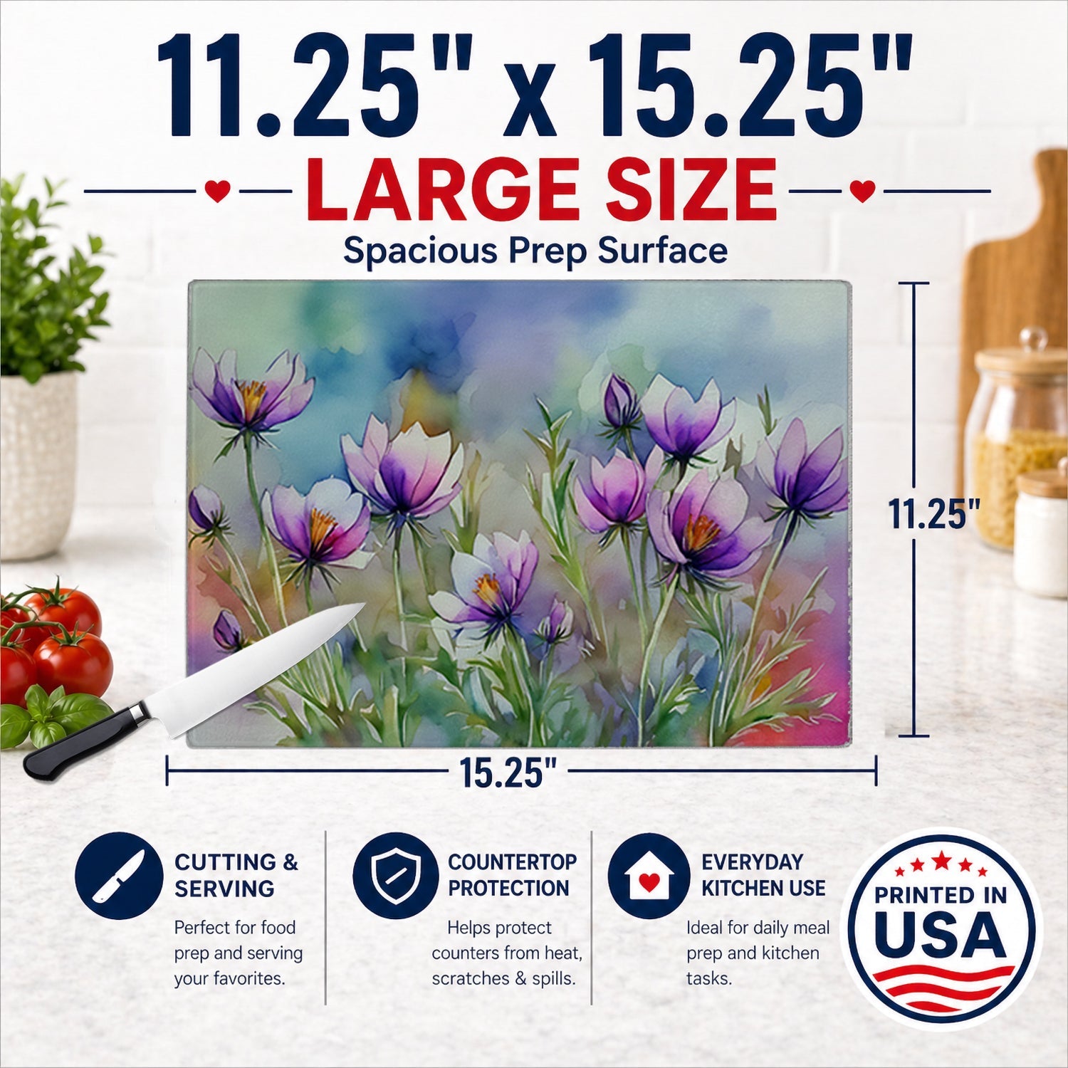 South Dakota Pasque Flowers in Watercolor Cutting Board Tempered Glass Kitchen Cutting Surface, Heat Resistant Chopping, Non-Slip Feet, Food Prep & Serving