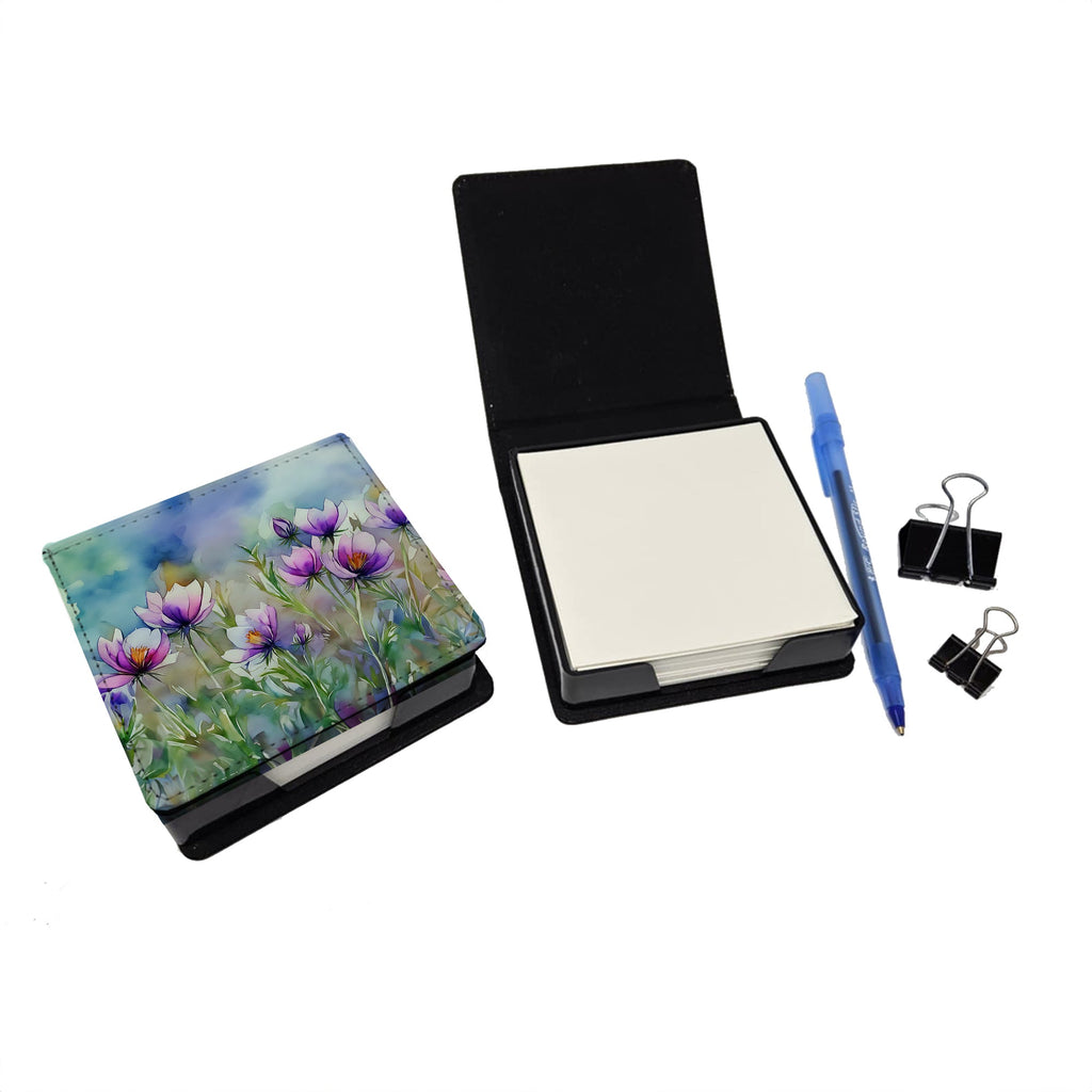 South Dakota Pasque Flowers in Watercolor PU Leather Note Paper Holder with Artist-Designed Cover, Desk Accessory, Office Gift