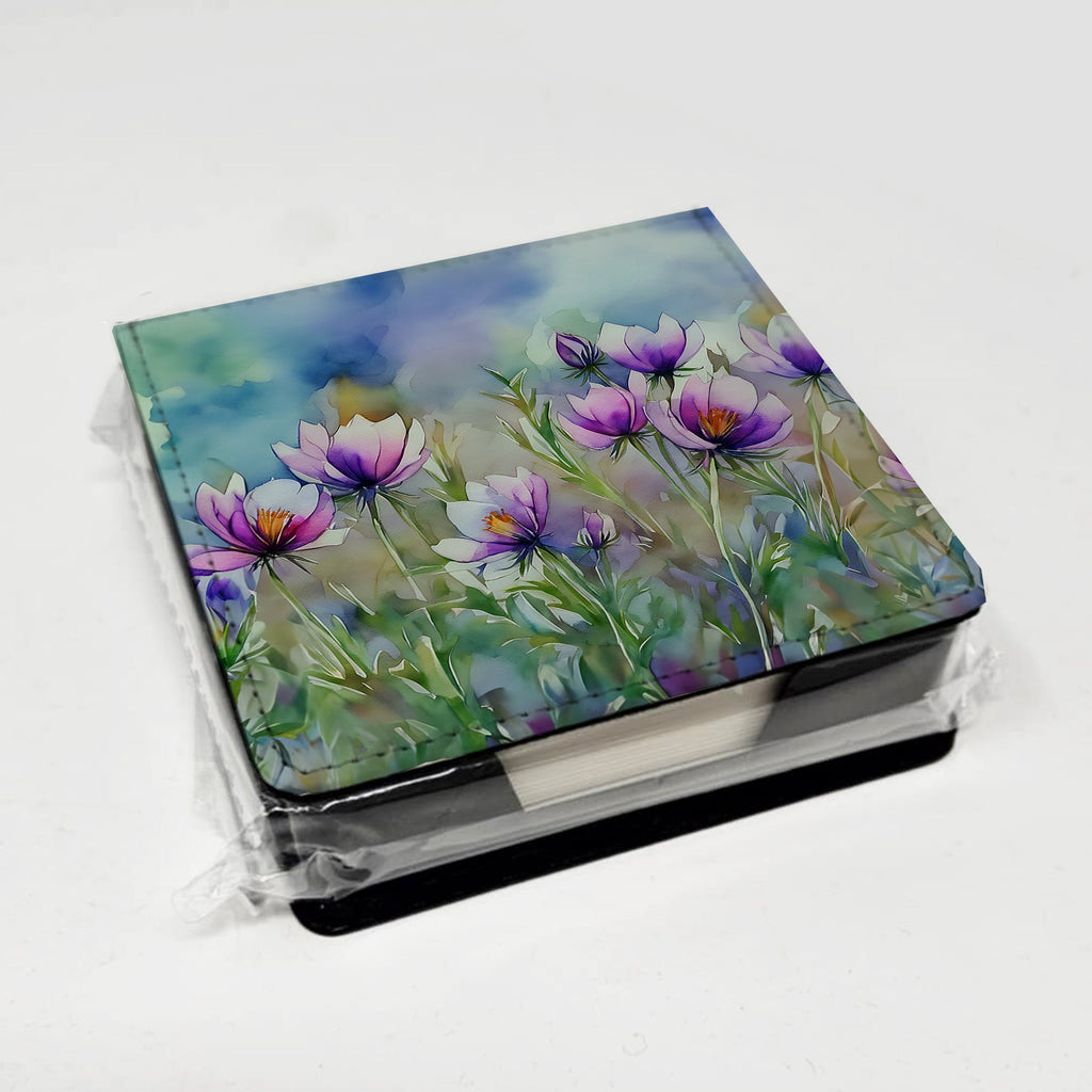 South Dakota Pasque Flowers in Watercolor PU Leather Note Paper Holder with Artist-Designed Cover, Desk Accessory, Office Gift