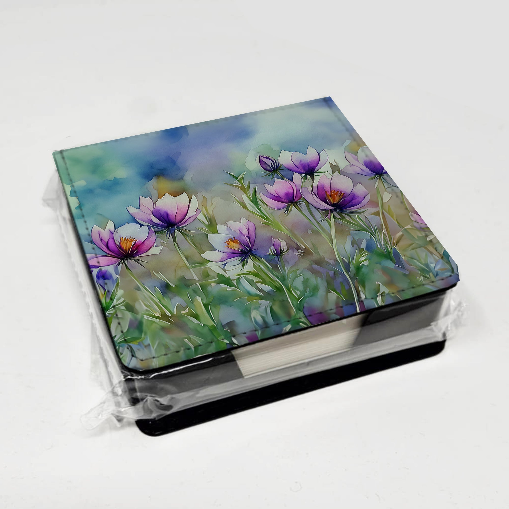 South Dakota Pasque Flowers in Watercolor PU Leather Note Paper Holder with Artist-Designed Cover, Desk Accessory, Office Gift