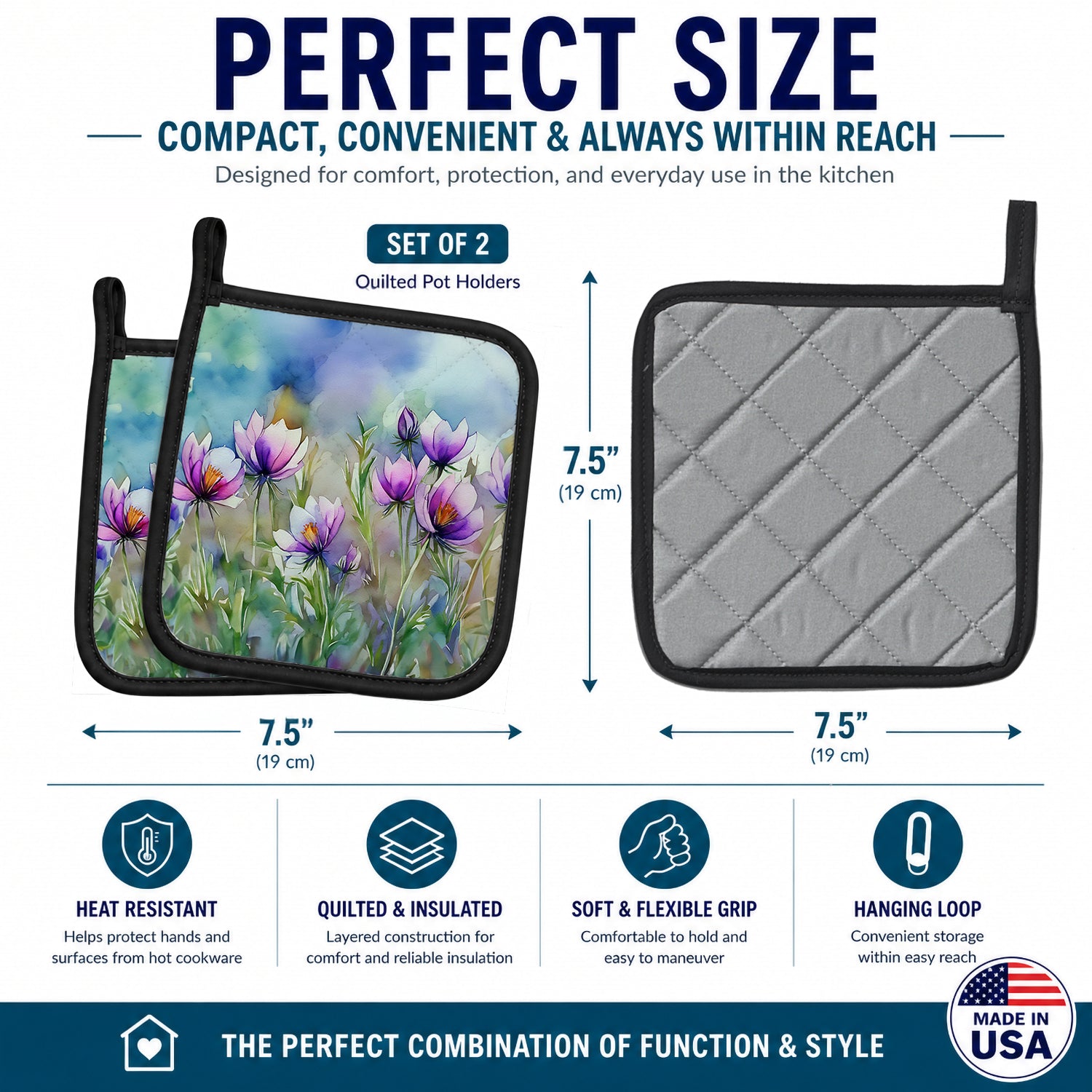 South Dakota Pasque Flowers in Watercolor Pot Holder Set of 2 Heat Resistant Quilted Hot Pads 7.5 x 7.5 Inch, Insulated Kitchen Trivets for Cooking & Baking