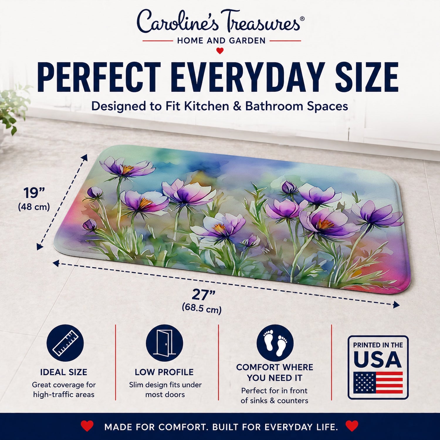 South Dakota Pasque Flowers in Watercolor Memory Foam Kitchen Mat Machine Washable Anti-Fatigue Cushion Comfort Bath or Kitchen Rug