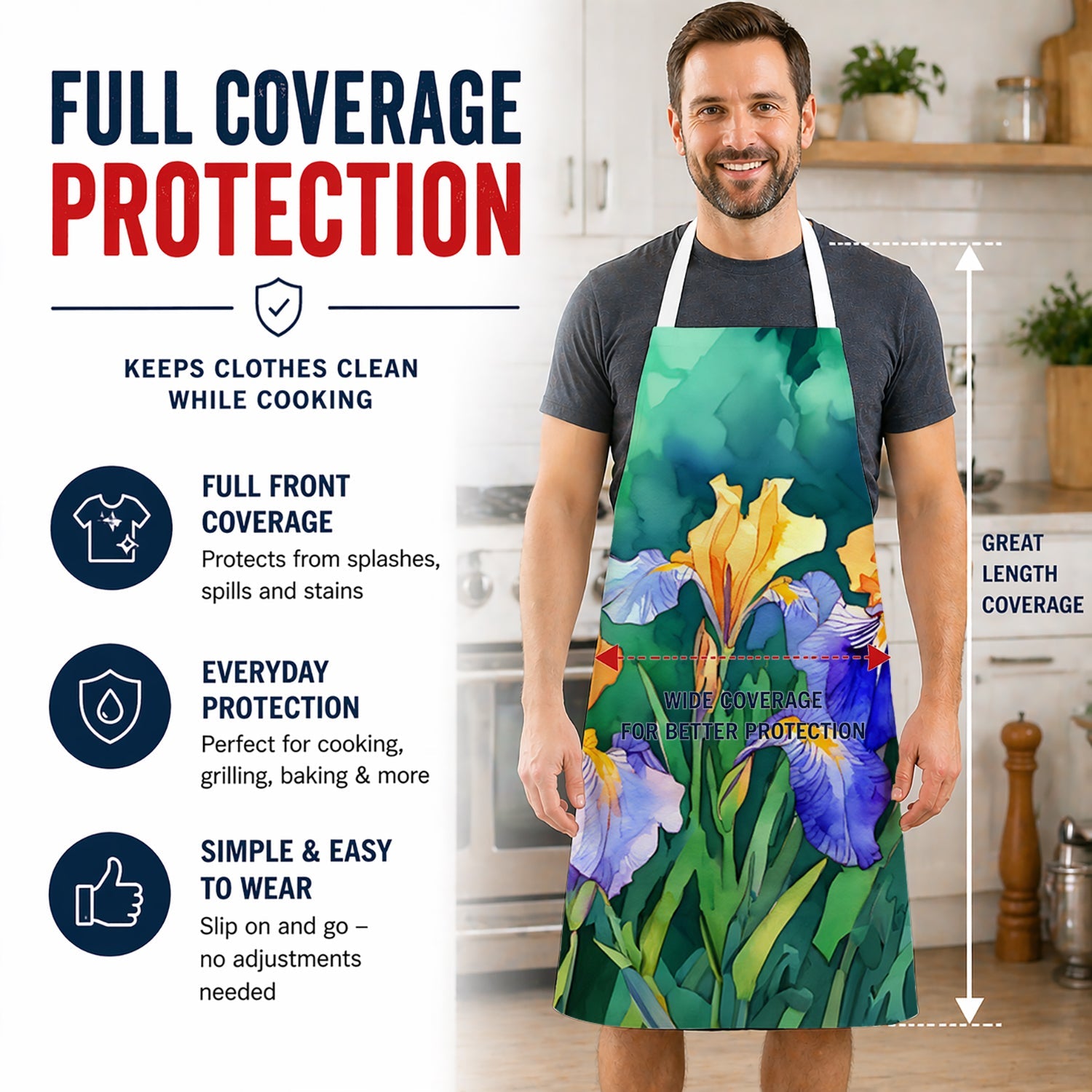 Tennessee Iris in Watercolor Apron Cooking Kitchen Server Baking Crafts Gardening for Adult Women Men, Unisex, Large, Multicolor