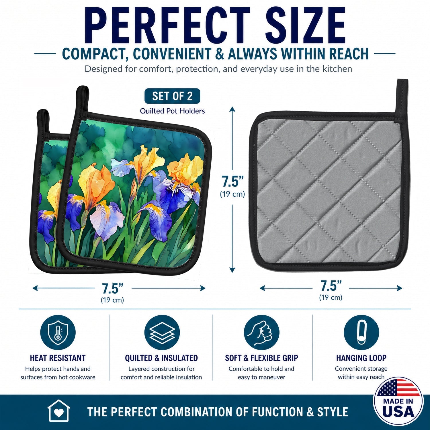 Tennessee Iris in Watercolor Pot Holder Set of 2 Heat Resistant Quilted Hot Pads 7.5 x 7.5 Inch, Insulated Kitchen Trivets for Cooking & Baking