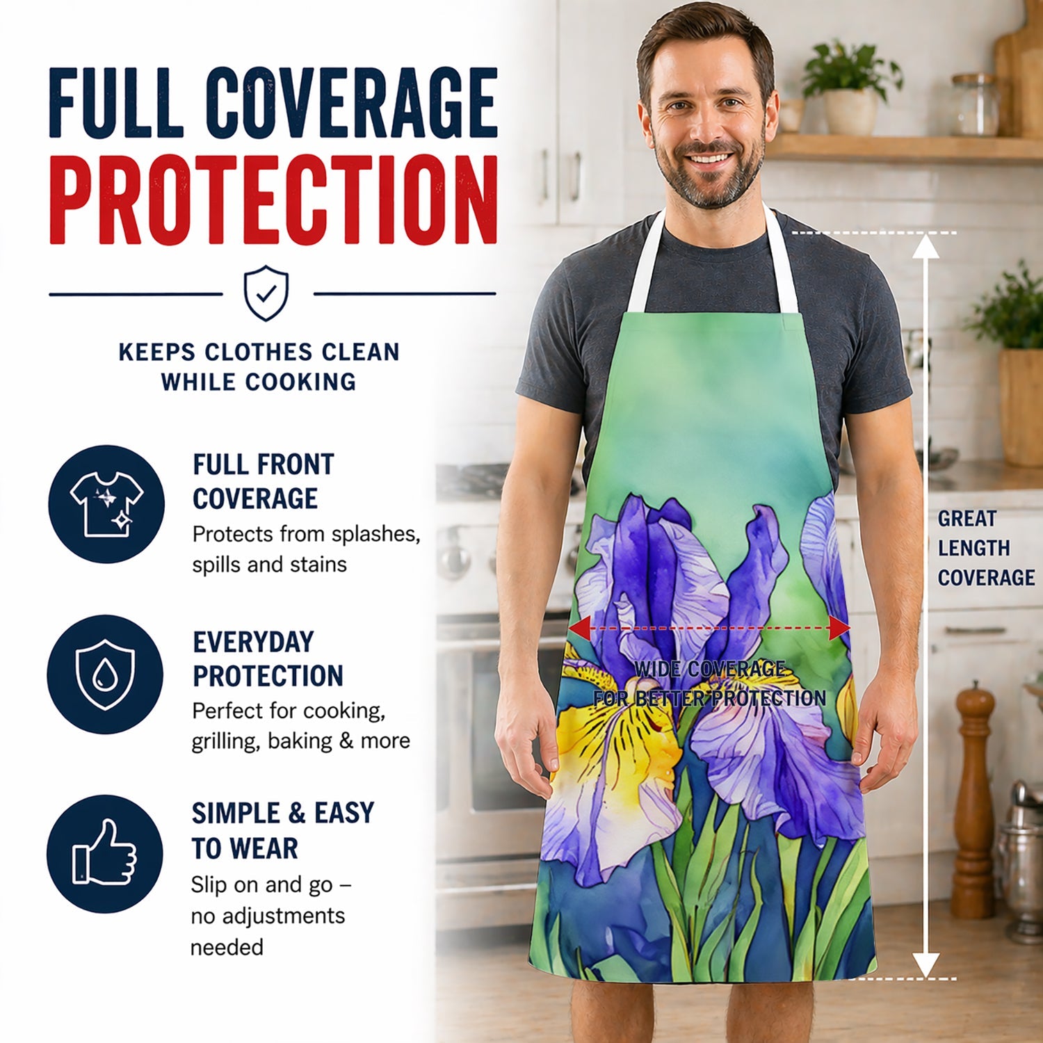 Tennessee Iris in Watercolor Apron Cooking Kitchen Server Baking Crafts Gardening for Adult Women Men, Unisex, Large, Multicolor