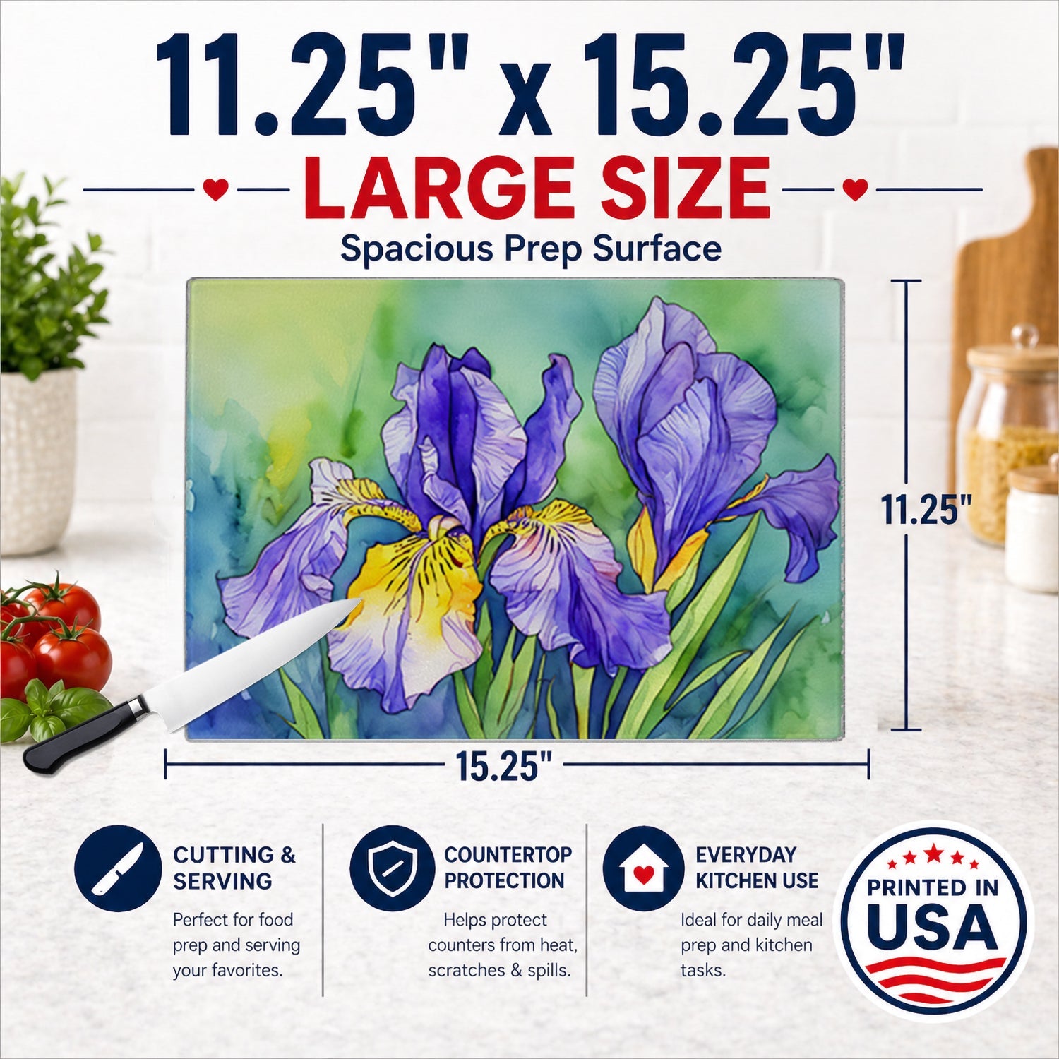 Tennessee Iris in Watercolor Cutting Board Tempered Glass Kitchen Cutting Surface, Heat Resistant Chopping, Non-Slip Feet, Food Prep & Serving