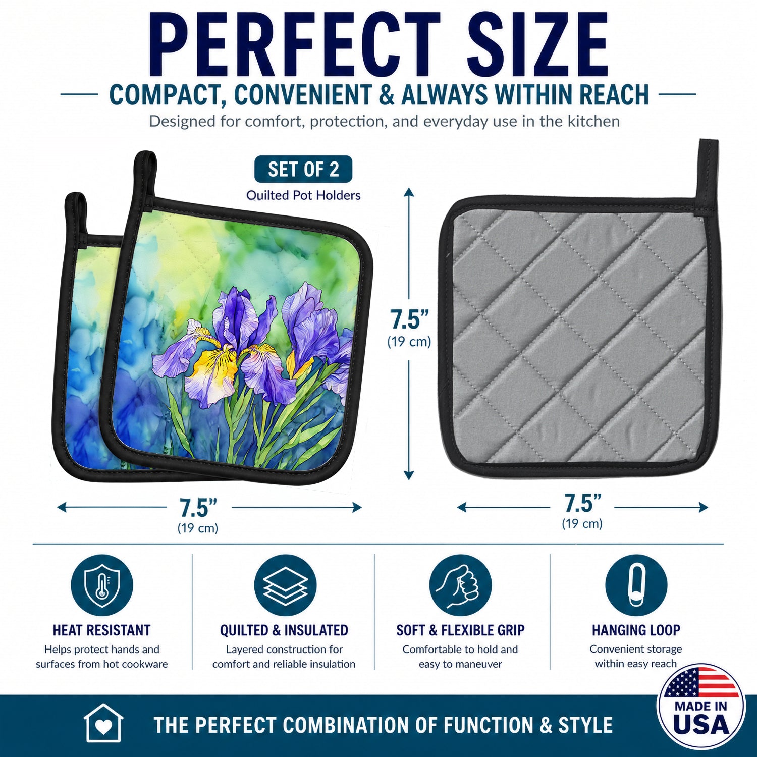 Tennessee Iris in Watercolor Pot Holder Set of 2 Heat Resistant Quilted Hot Pads 7.5 x 7.5 Inch, Insulated Kitchen Trivets for Cooking & Baking