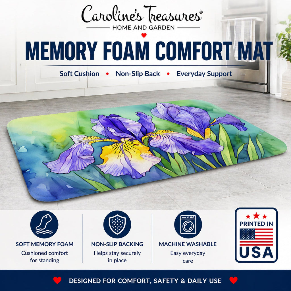 Tennessee Iris in Watercolor Memory Foam Kitchen Mat Machine Washable Anti-Fatigue Cushion Comfort Bath or Kitchen Rug