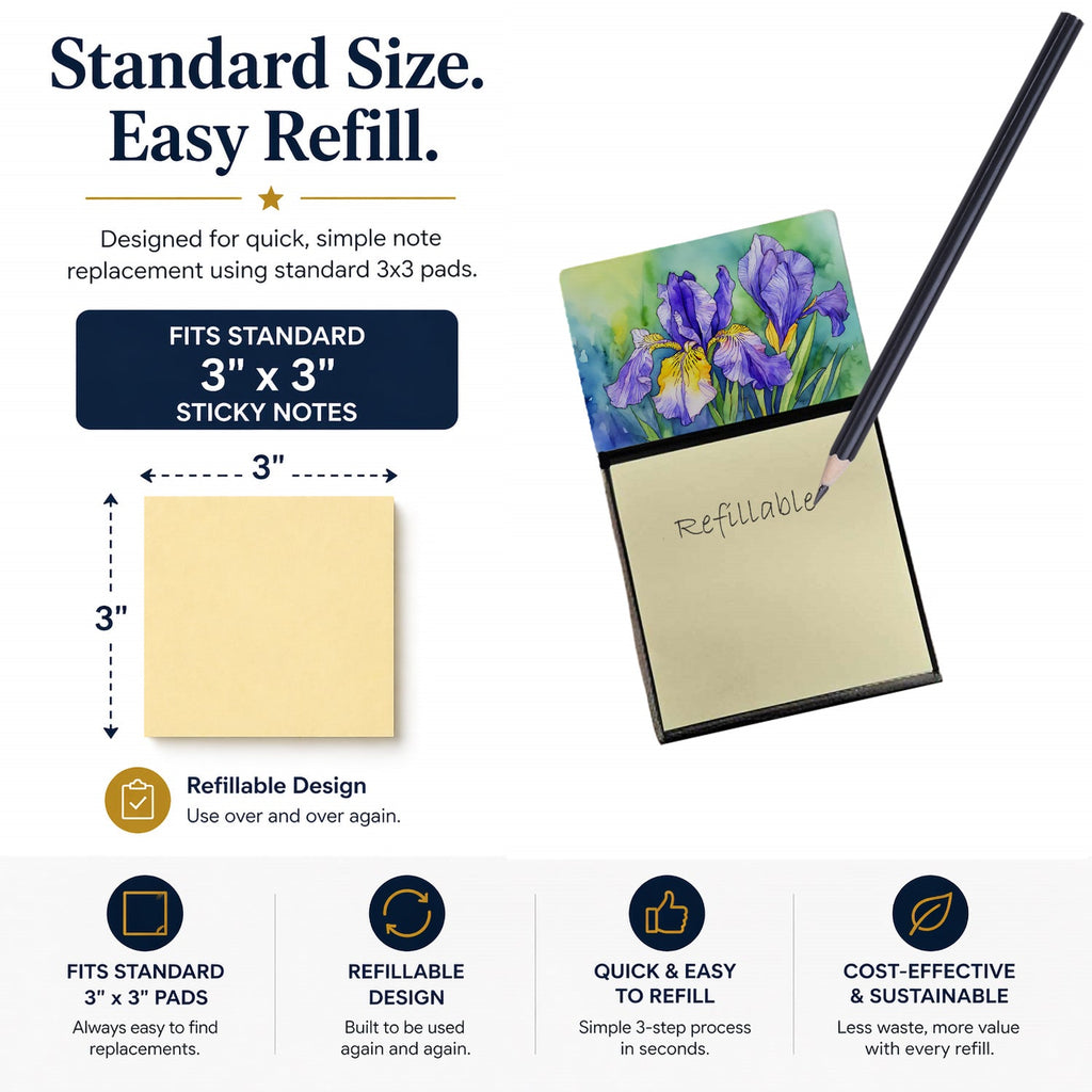 Tennessee Iris in Watercolor Watercolor Sticky Note Holder Refillable Dispenser Desk Accessory 3x3 Pad Gift