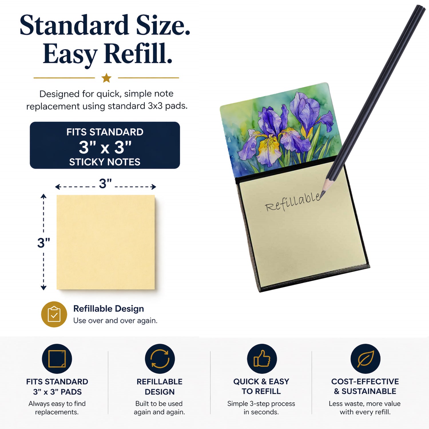 Tennessee Iris in Watercolor Watercolor Sticky Note Holder Refillable Dispenser Desk Accessory 3x3 Pad Gift