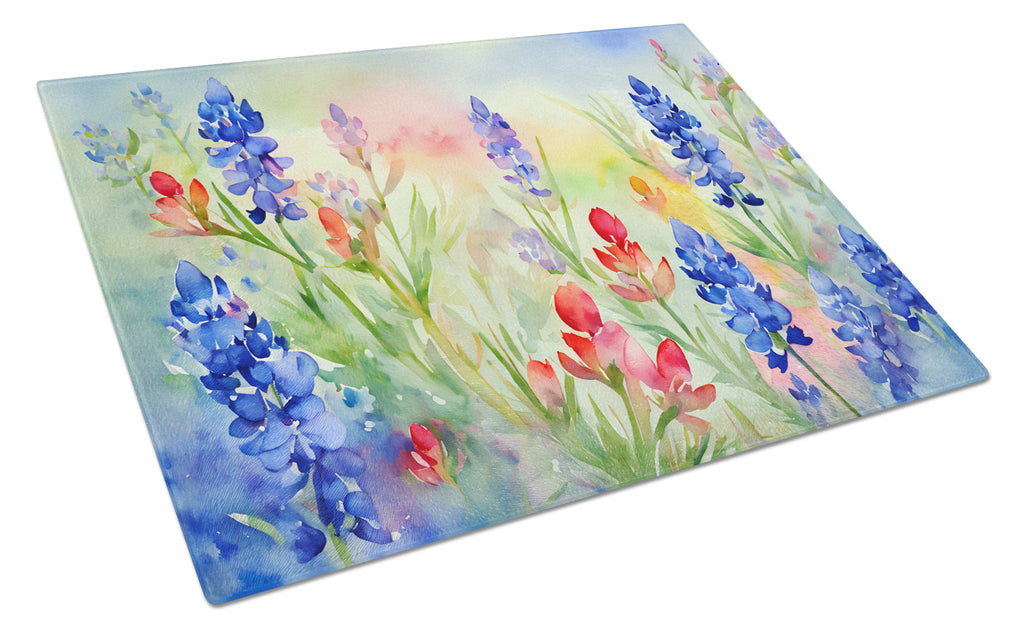 Texas Bluebonnets in Watercolor Cutting Board Tempered Glass Kitchen Cutting Surface, Heat Resistant Chopping, Non-Slip Feet, Food Prep & Serving