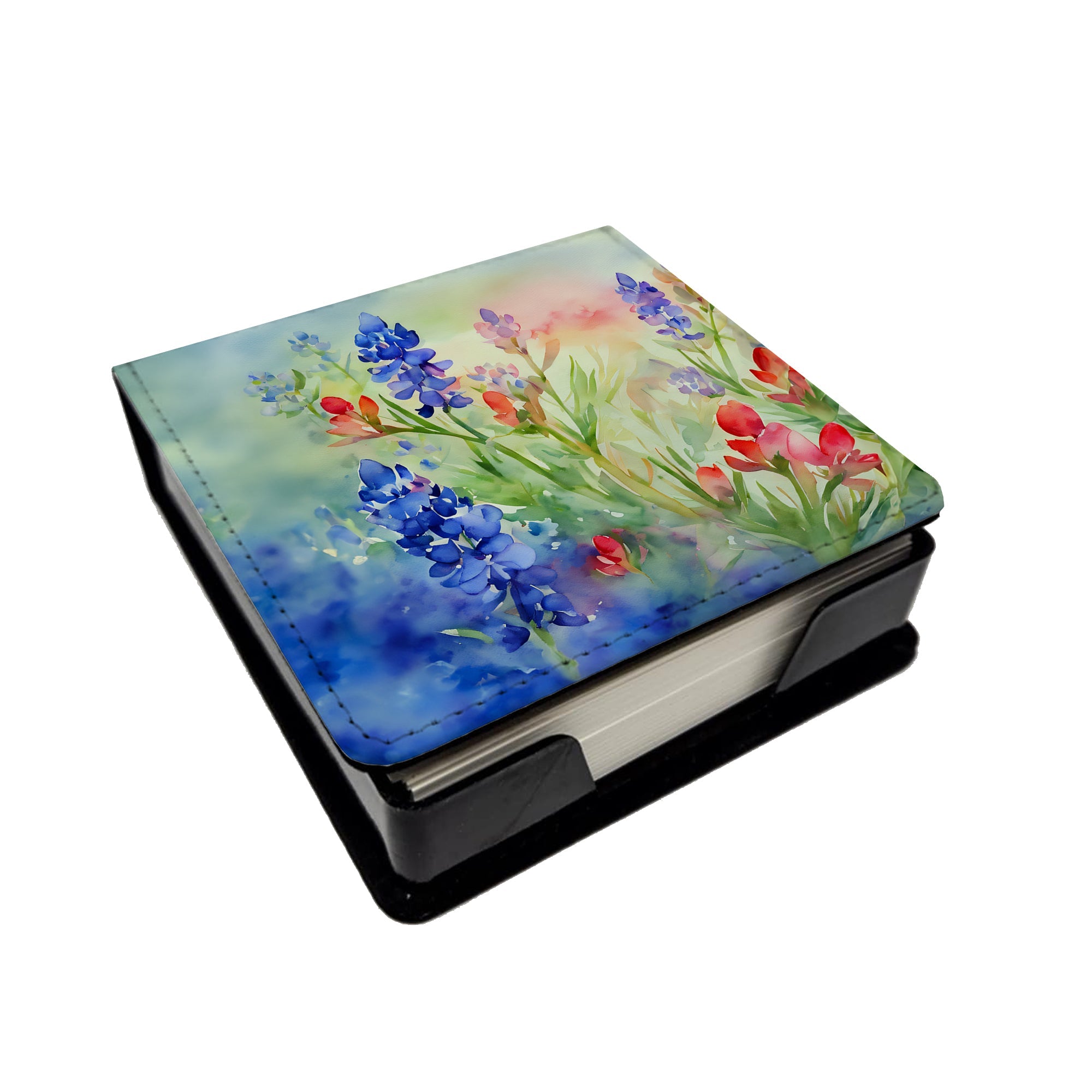 Texas Bluebonnets in Watercolor PU Leather Note Paper Holder with Artist-Designed Cover, Desk Accessory, Office Gift